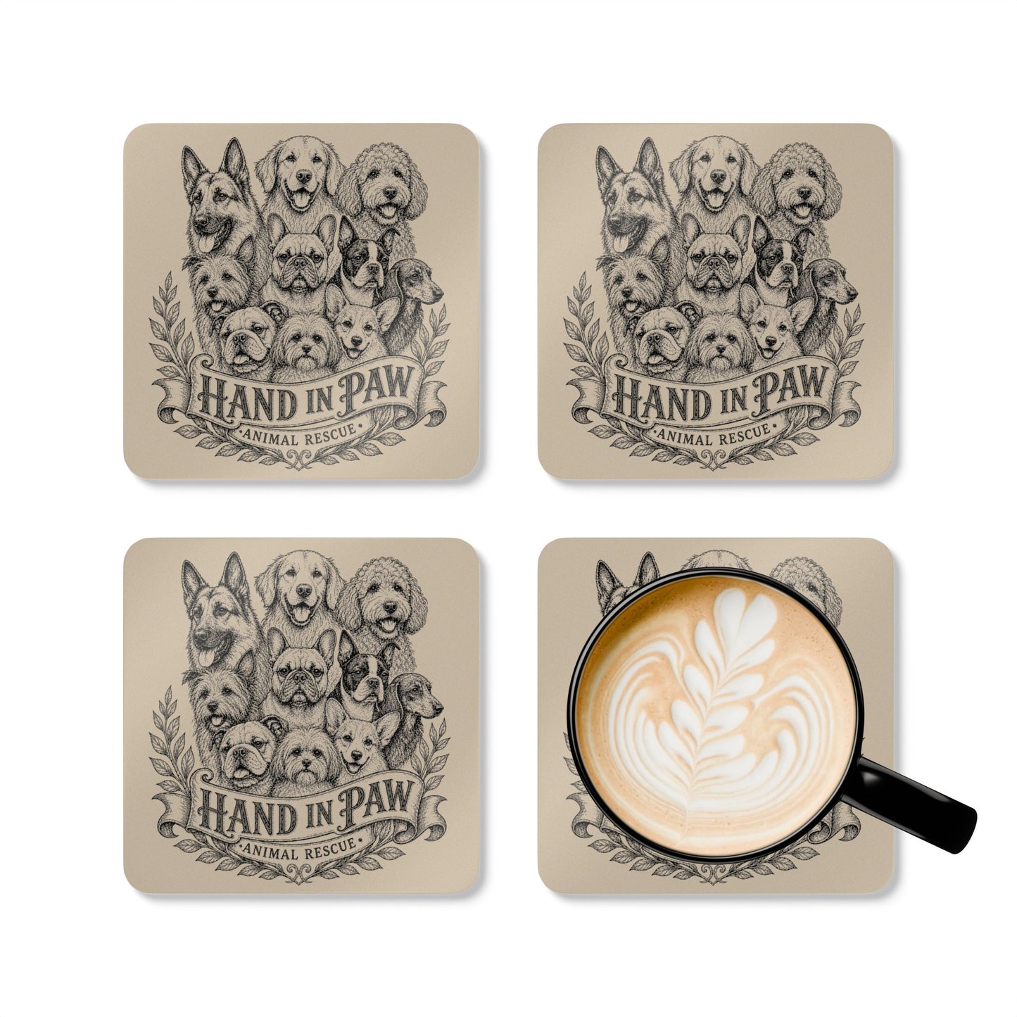 Dog Breed Sketch Cork Coaster Set — Traced Puppy Pattern Drink Coasters (4-Pack)