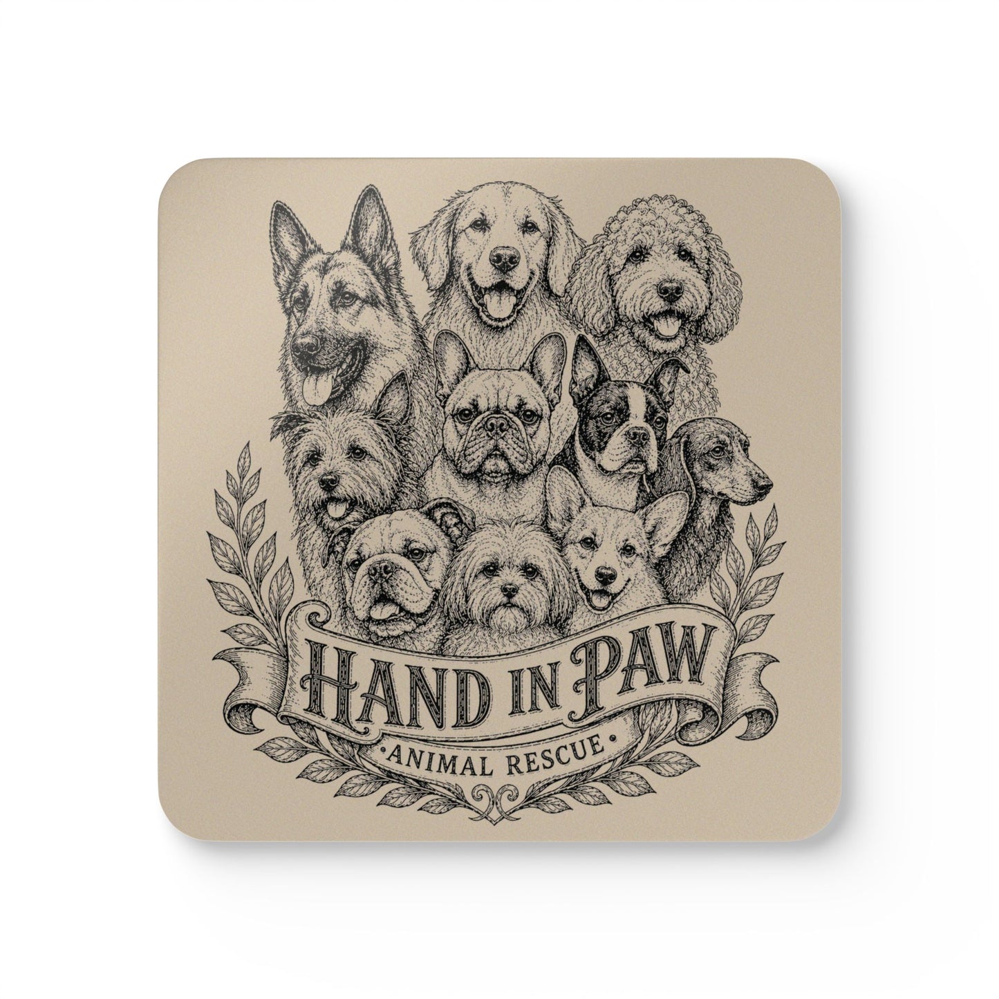 Dog Breed Sketch Cork Coaster Set — Traced Puppy Pattern Drink Coasters (4-Pack)