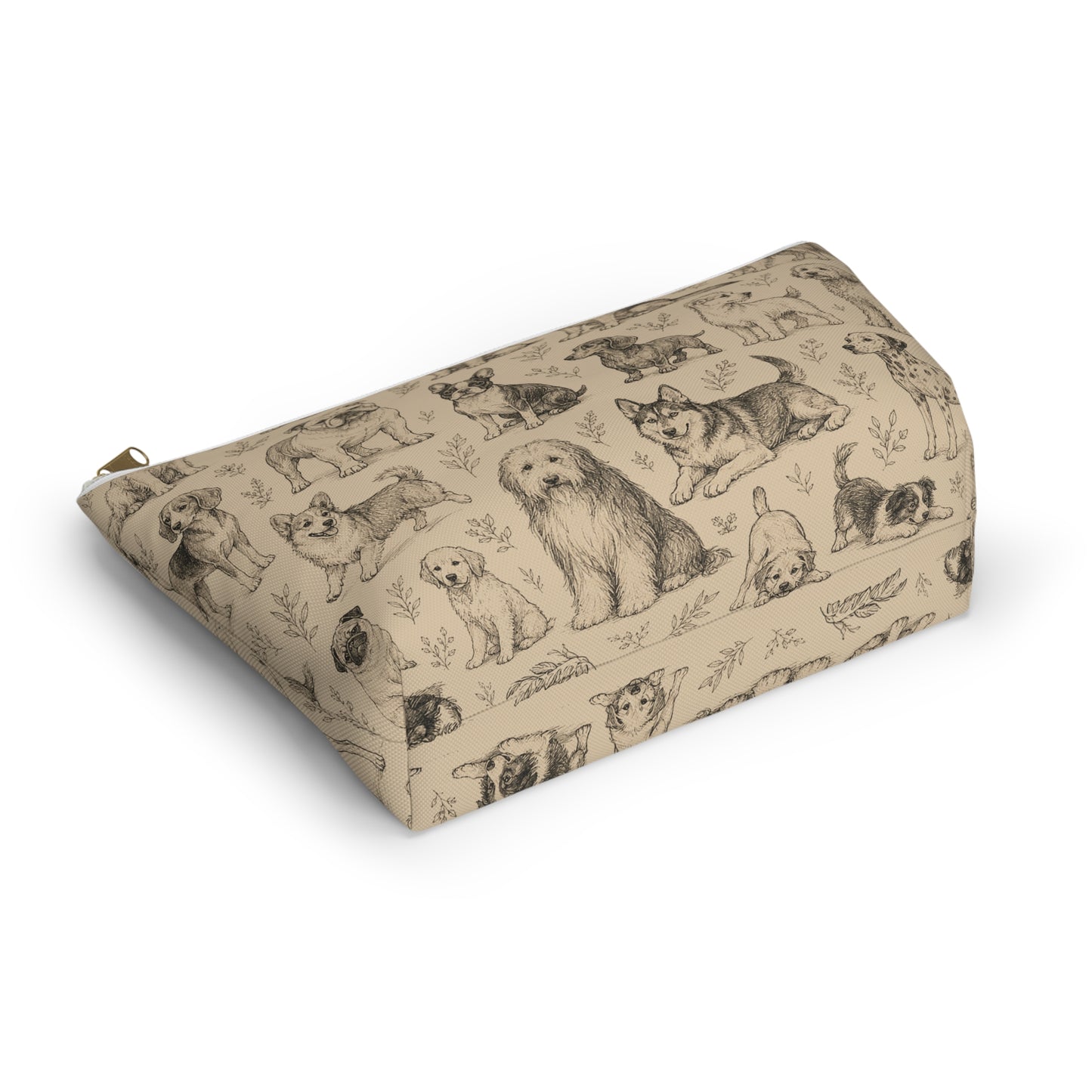 Dog Sketch Accessory Pouch — Zippered T‑Bottom Makeup & Travel Organizer