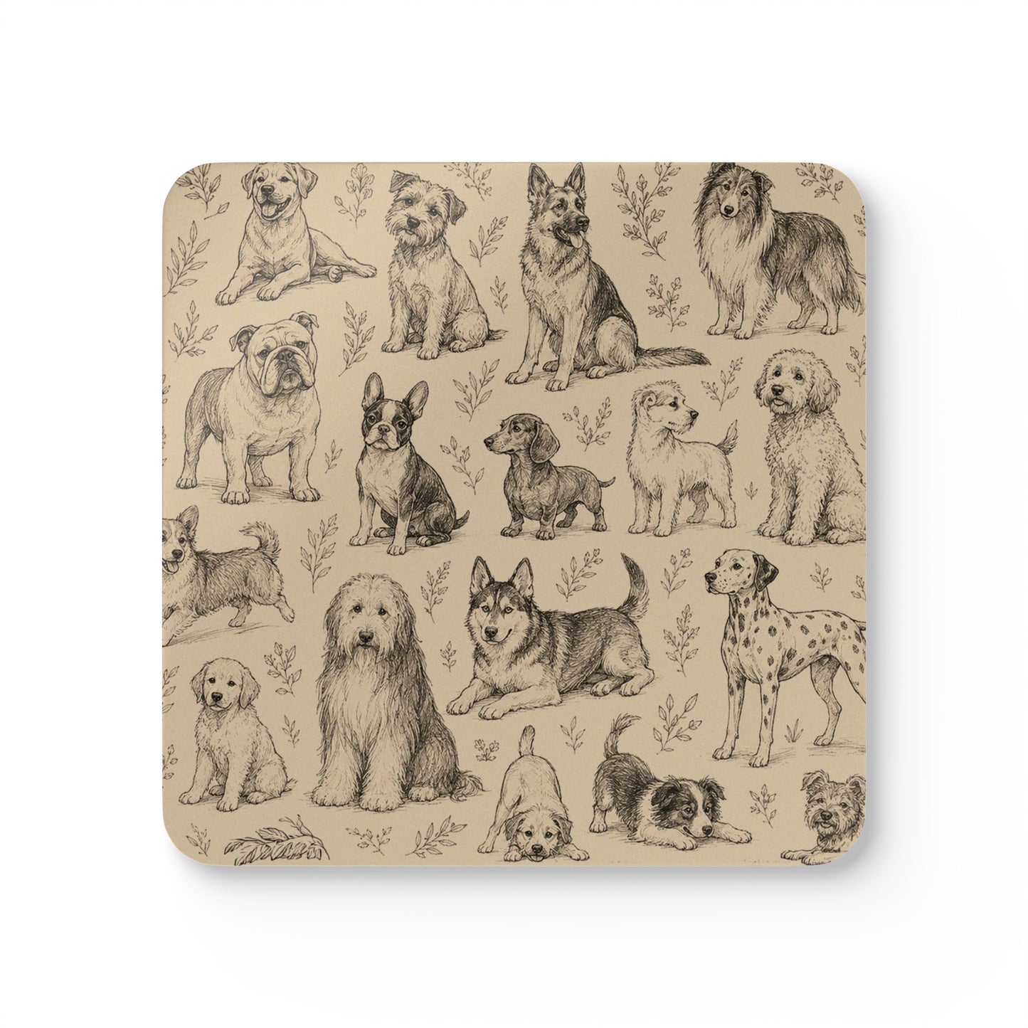 Dog Breed Sketch Cork Coaster Set — Traced Puppy Pattern Drink Coasters (4-Pack)