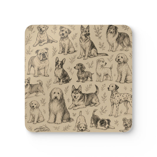 Dog Breed Sketch Cork Coaster Set — Traced Puppy Pattern Drink Coasters (4-Pack)