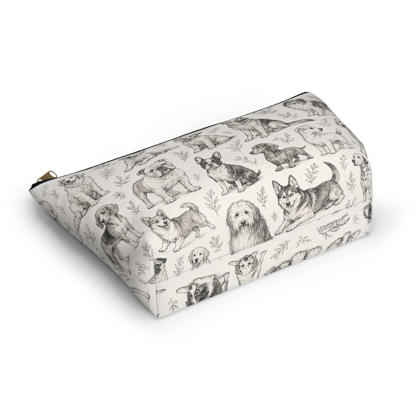 Dog Sketch Accessory Pouch — Zippered T‑Bottom Makeup & Travel Organizer