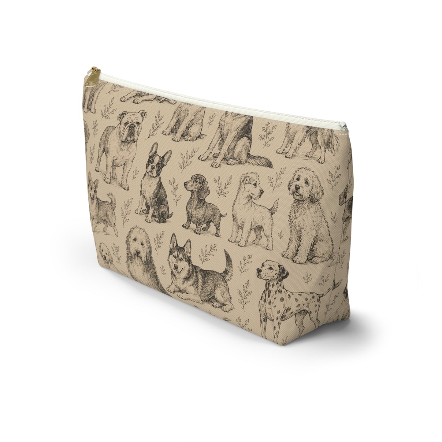 Dog Sketch Accessory Pouch — Zippered T‑Bottom Makeup & Travel Organizer