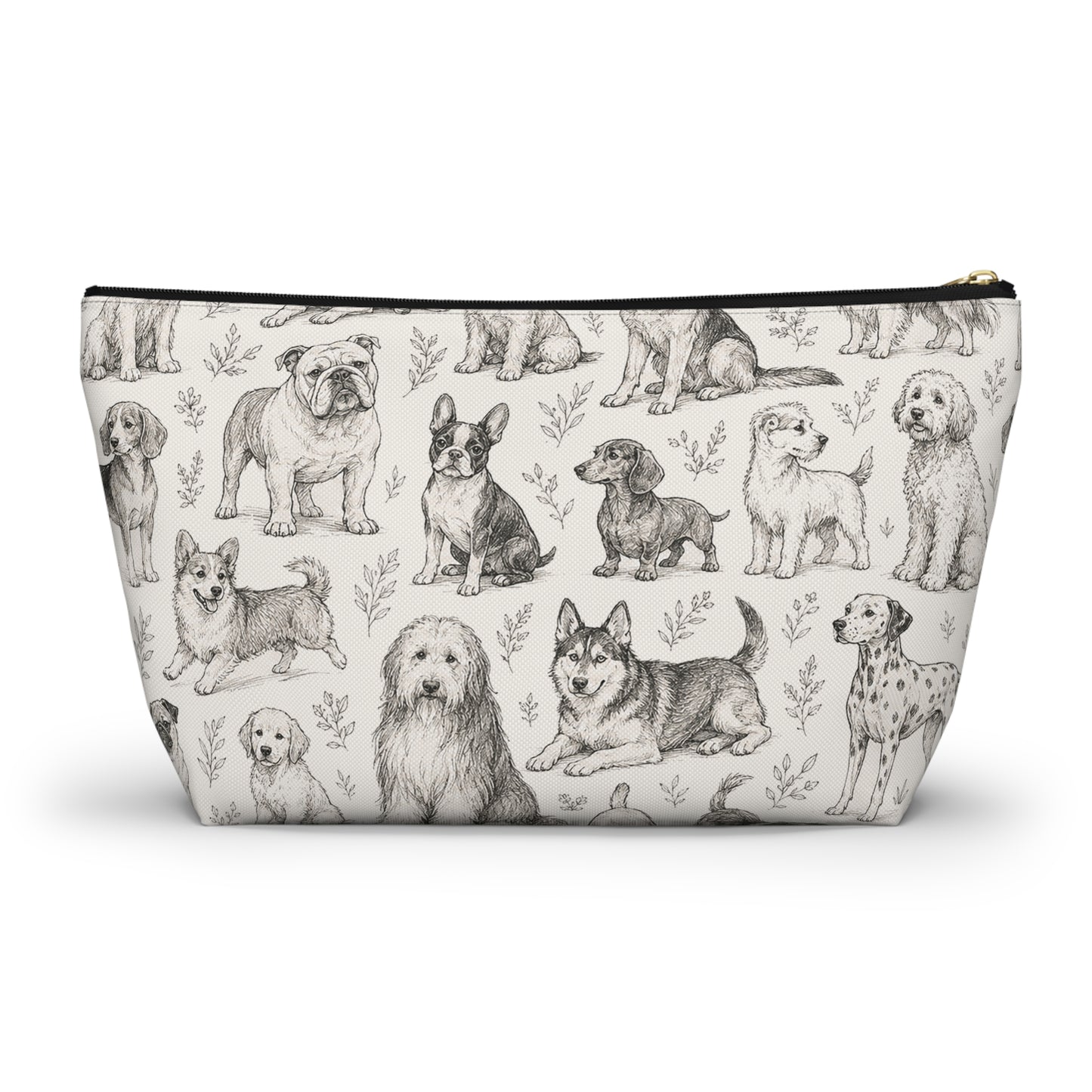 Dog Sketch Accessory Pouch — Zippered T‑Bottom Makeup & Travel Organizer