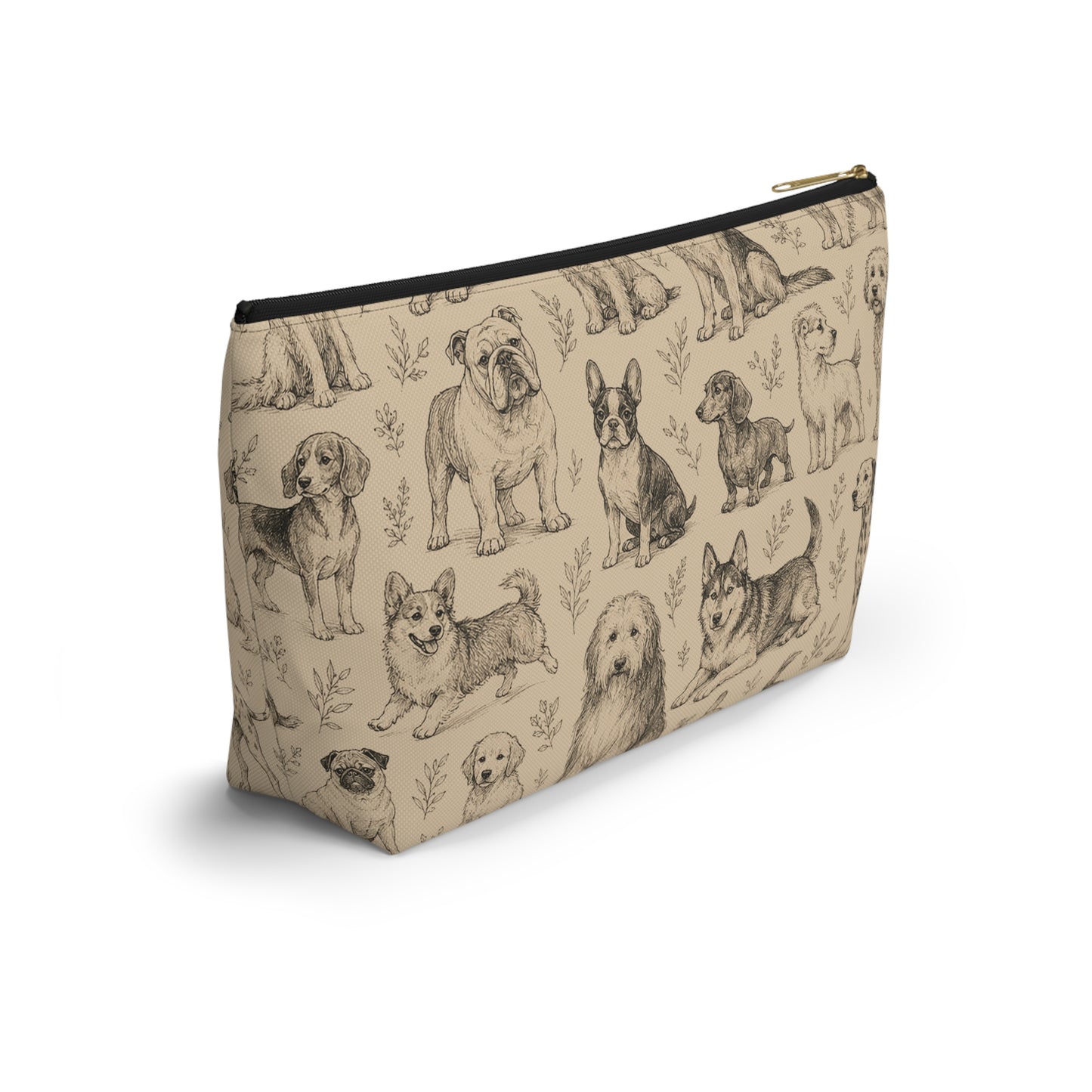 Dog Sketch Accessory Pouch — Zippered T‑Bottom Makeup & Travel Organizer