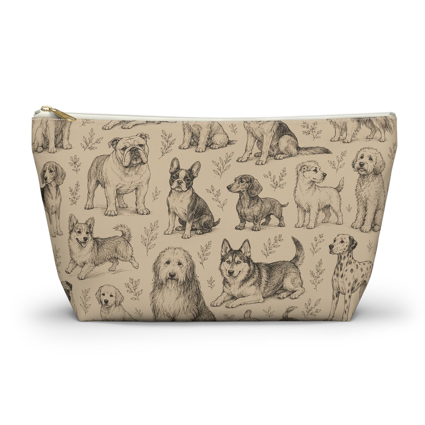 Dog Sketch Accessory Pouch — Zippered T‑Bottom Makeup & Travel Organizer