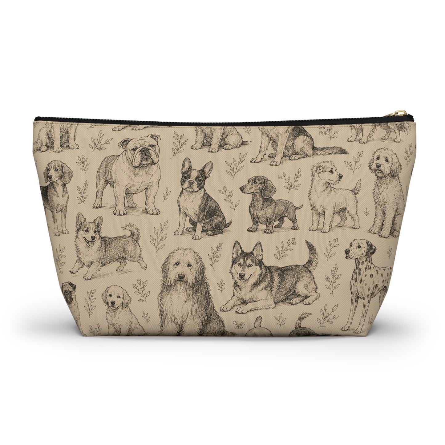 Dog Sketch Accessory Pouch — Zippered T‑Bottom Makeup & Travel Organizer