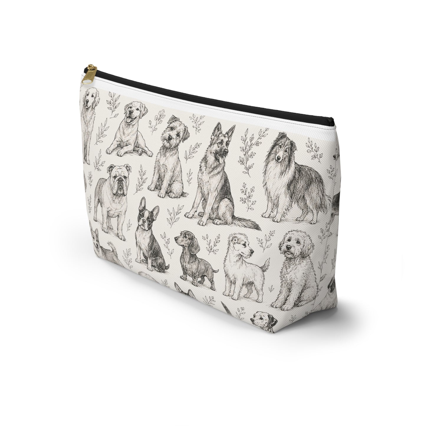 Dog Sketch Accessory Pouch — Zippered T‑Bottom Makeup & Travel Organizer