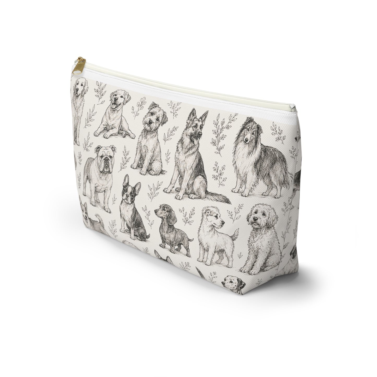 Dog Sketch Accessory Pouch — Zippered T‑Bottom Makeup & Travel Organizer