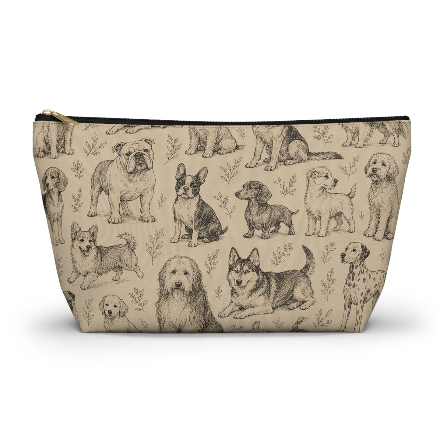 Dog Sketch Accessory Pouch — Zippered T‑Bottom Makeup & Travel Organizer
