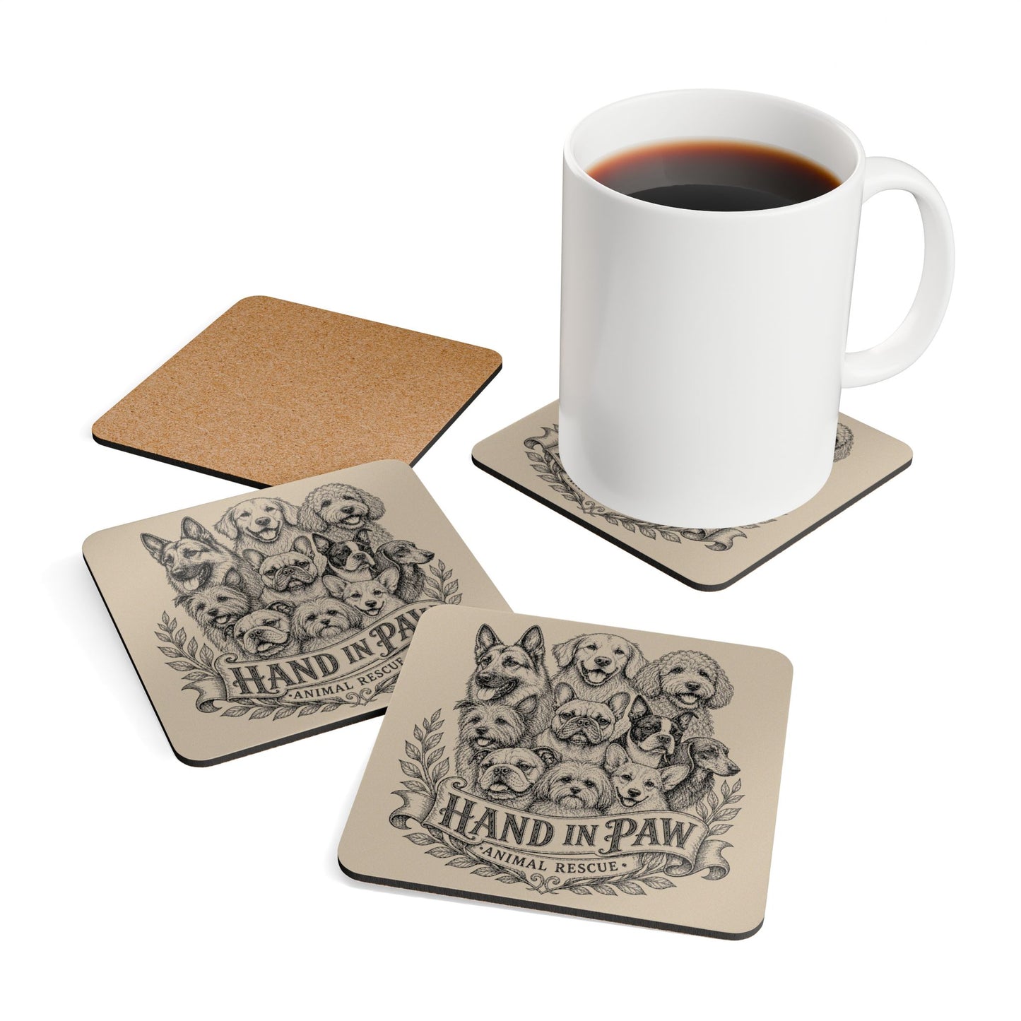 Dog Breed Sketch Cork Coaster Set — Traced Puppy Pattern Drink Coasters (4-Pack)