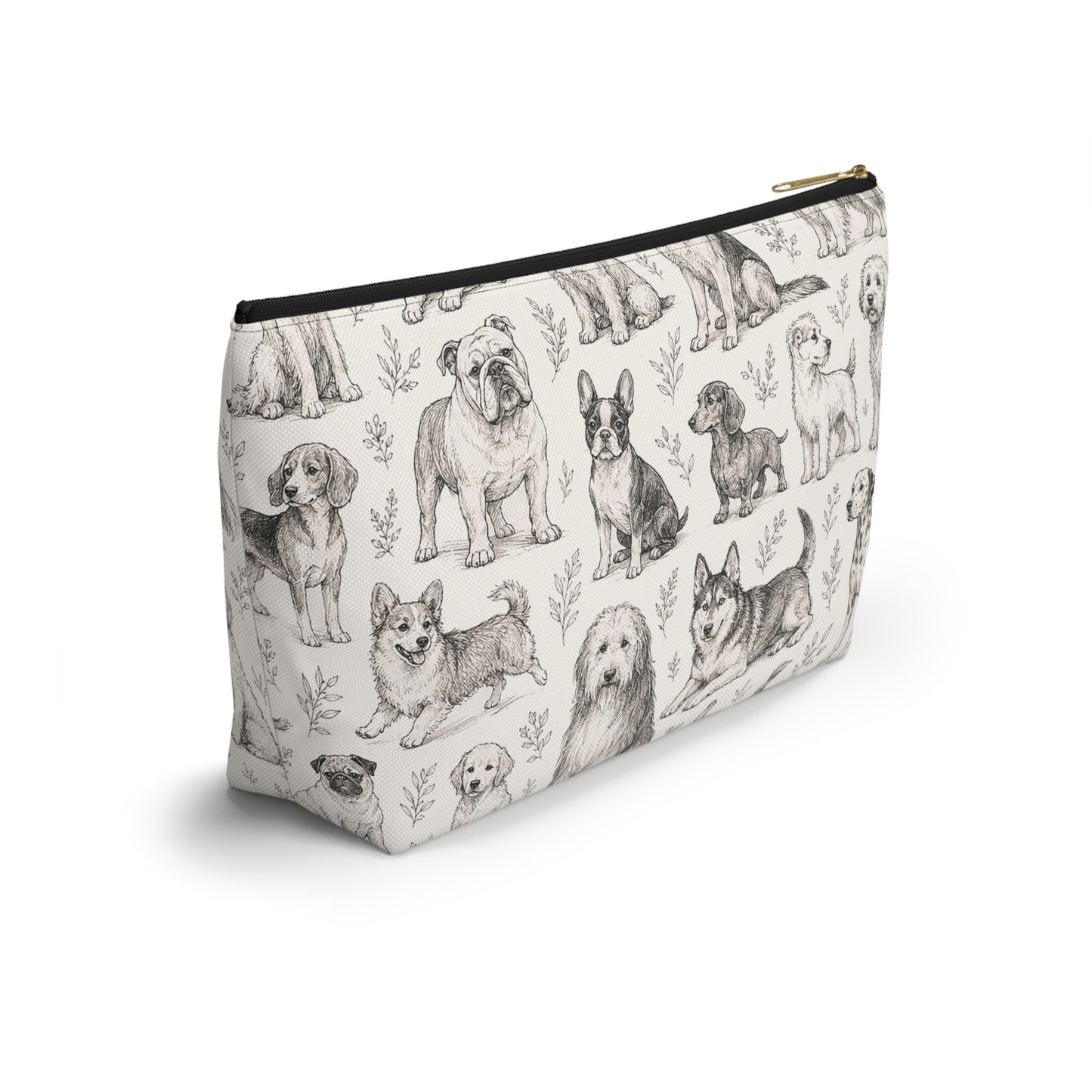 Dog Sketch Accessory Pouch — Zippered T‑Bottom Makeup & Travel Organizer