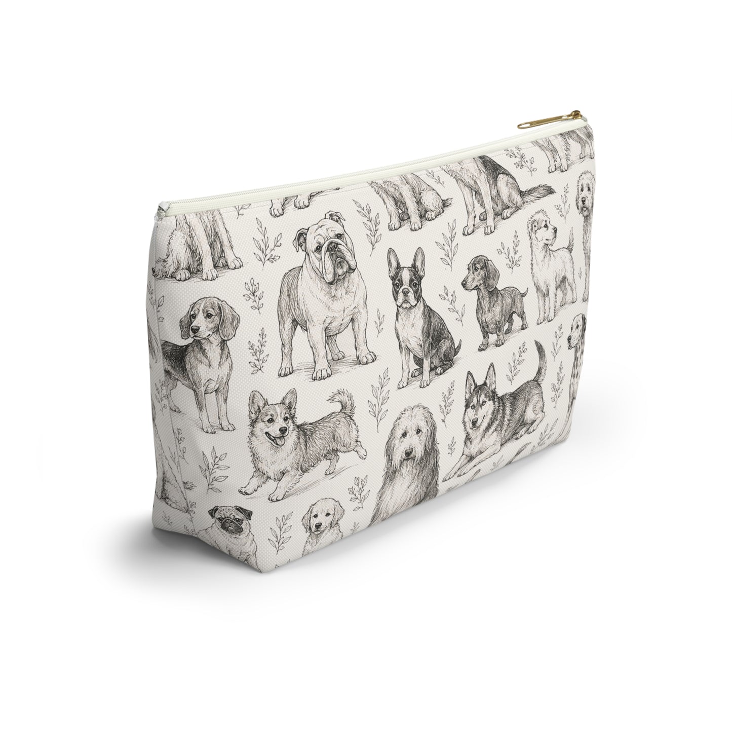 Dog Sketch Accessory Pouch — Zippered T‑Bottom Makeup & Travel Organizer
