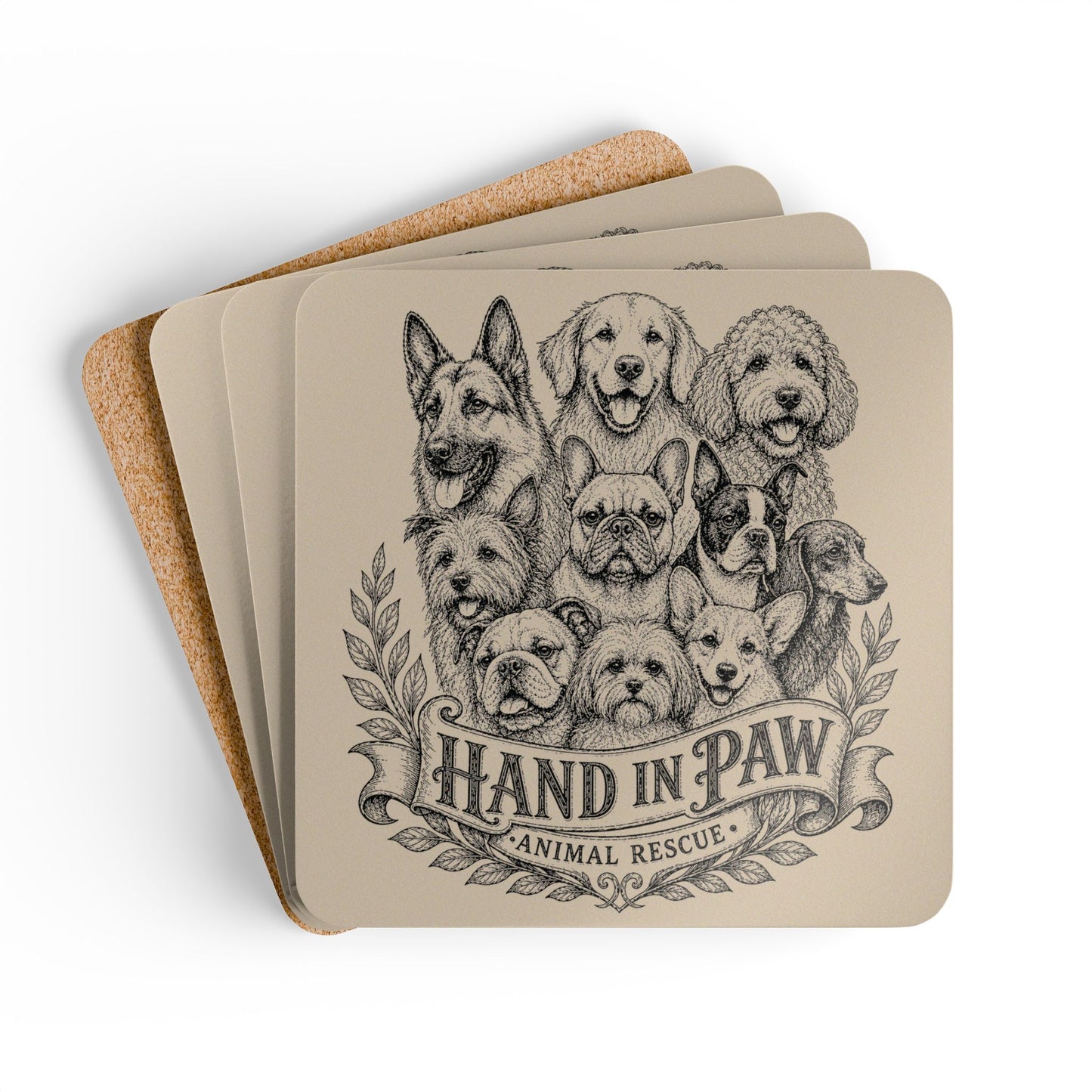 Dog Breed Sketch Cork Coaster Set — Traced Puppy Pattern Drink Coasters (4-Pack)