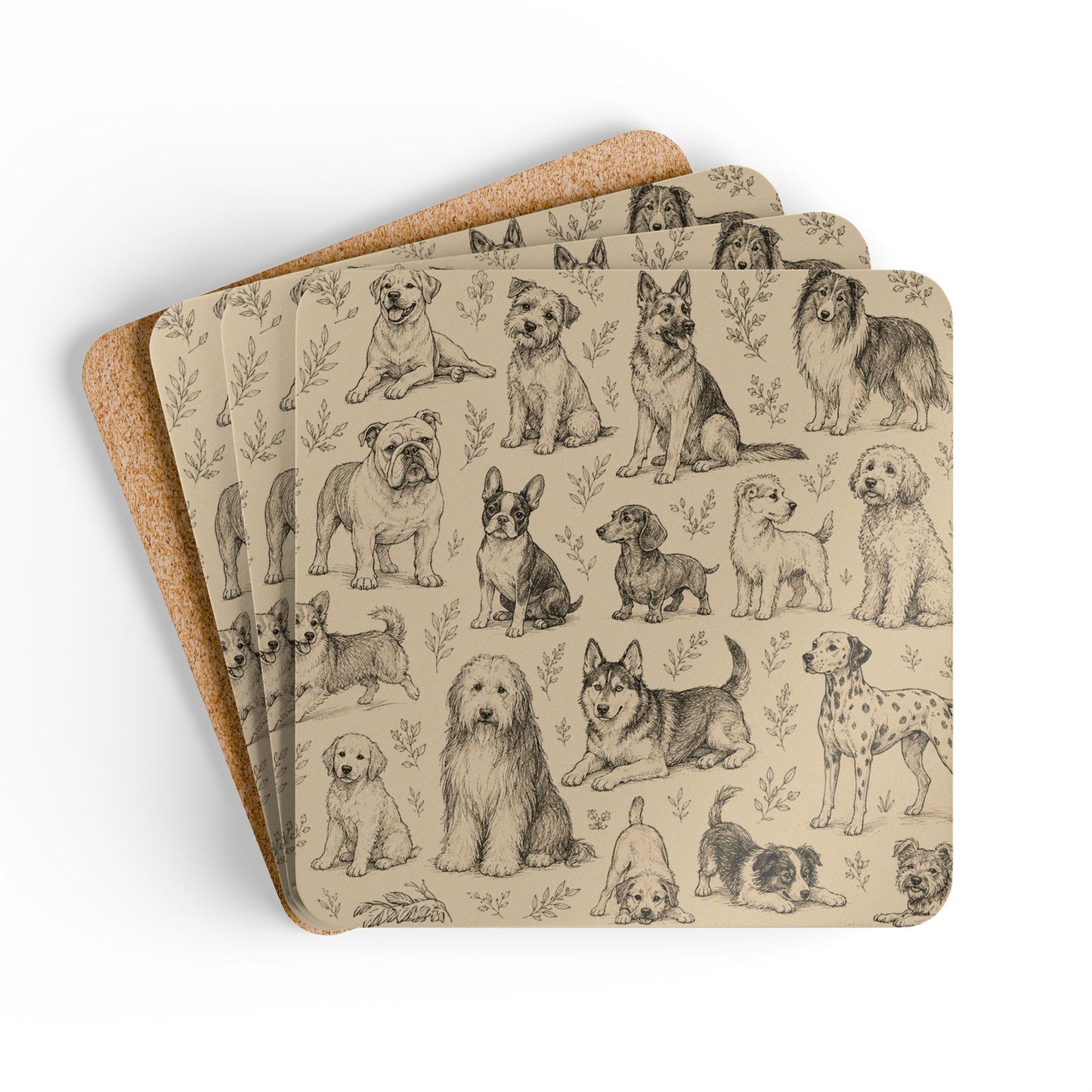 Dog Breed Sketch Cork Coaster Set — Traced Puppy Pattern Drink Coasters (4-Pack)