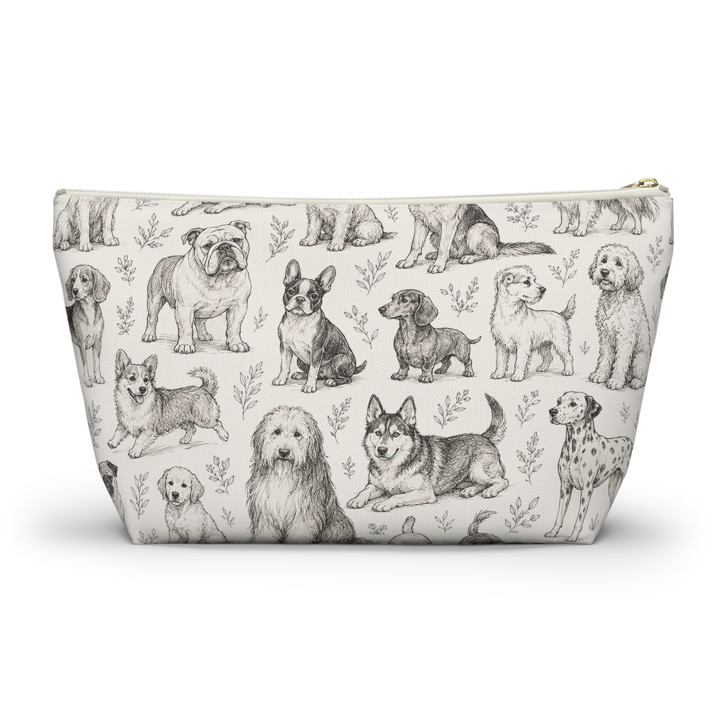 Dog Sketch Accessory Pouch — Zippered T‑Bottom Makeup & Travel Organizer