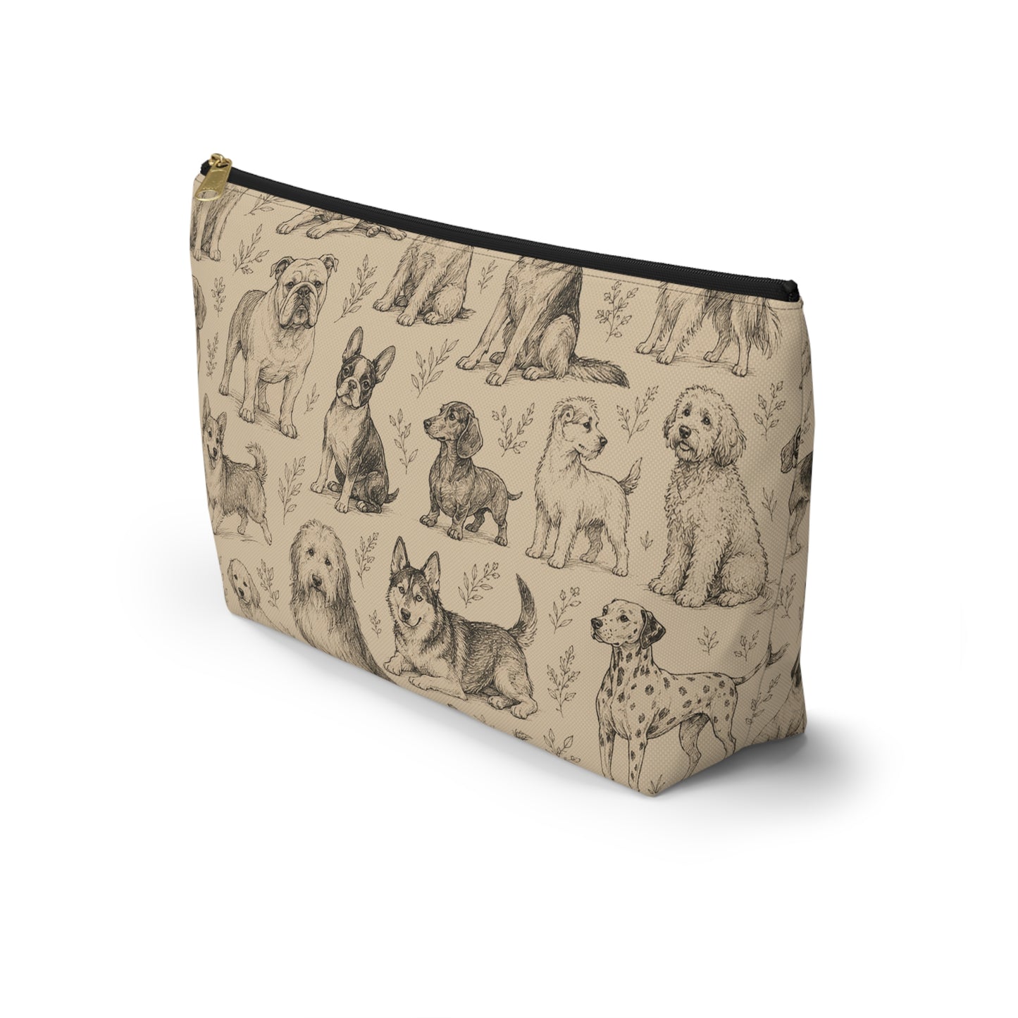 Dog Sketch Accessory Pouch — Zippered T‑Bottom Makeup & Travel Organizer