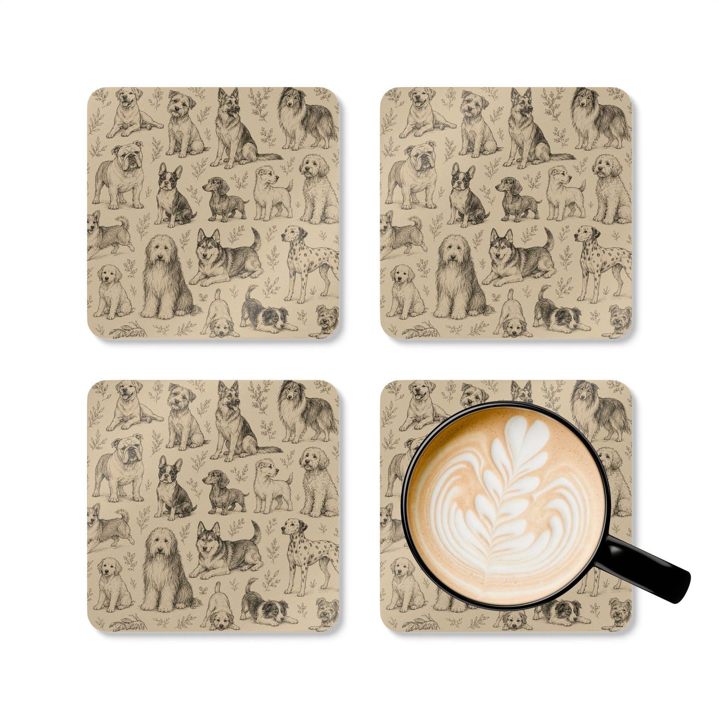 Dog Breed Sketch Cork Coaster Set — Traced Puppy Pattern Drink Coasters (4-Pack)