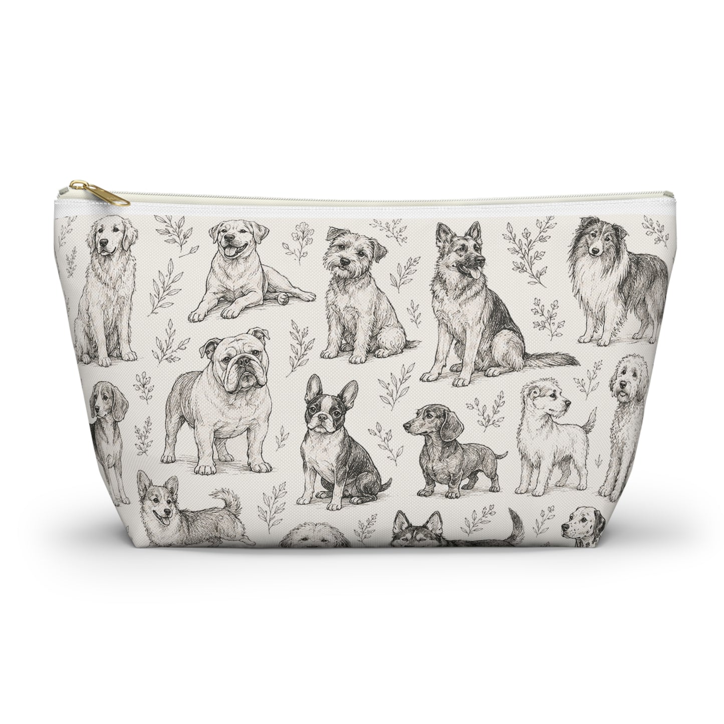 Dog Sketch Accessory Pouch — Zippered T‑Bottom Makeup & Travel Organizer