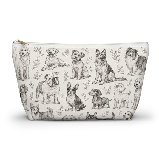 Dog Sketch Accessory Pouch — Zippered T‑Bottom Makeup & Travel Organizer