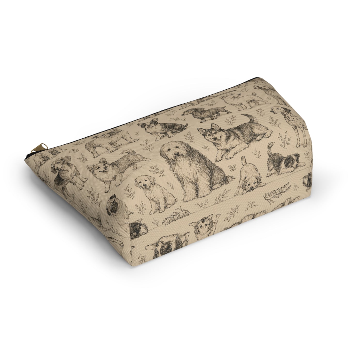 Dog Sketch Accessory Pouch — Zippered T‑Bottom Makeup & Travel Organizer