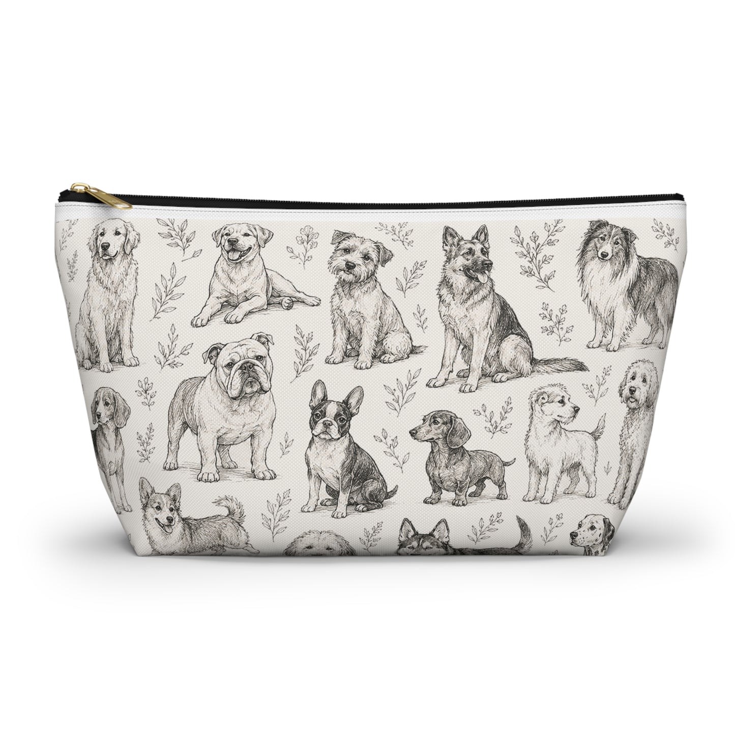 Dog Sketch Accessory Pouch — Zippered T‑Bottom Makeup & Travel Organizer