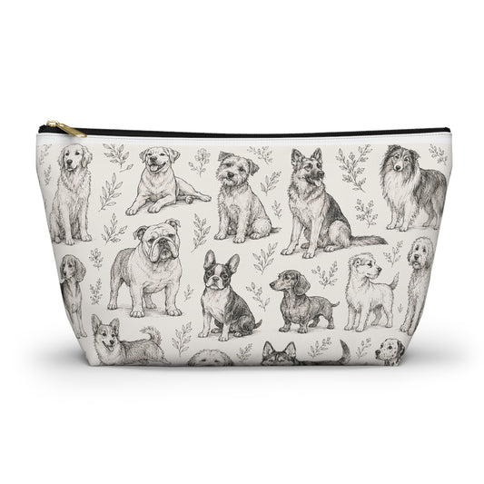 Dog Sketch Accessory Pouch — Zippered T‑Bottom Makeup & Travel Organizer