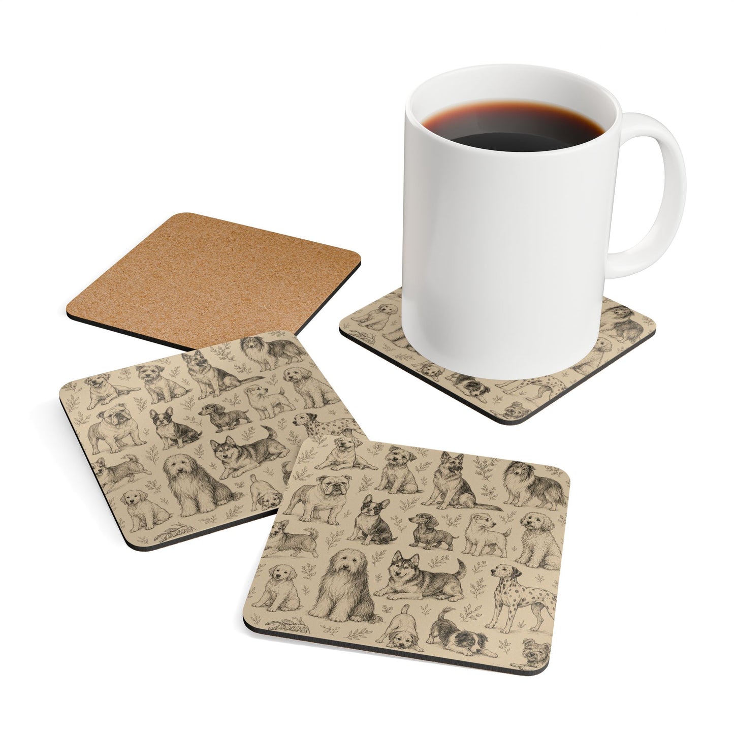 Dog Breed Sketch Cork Coaster Set — Traced Puppy Pattern Drink Coasters (4-Pack)