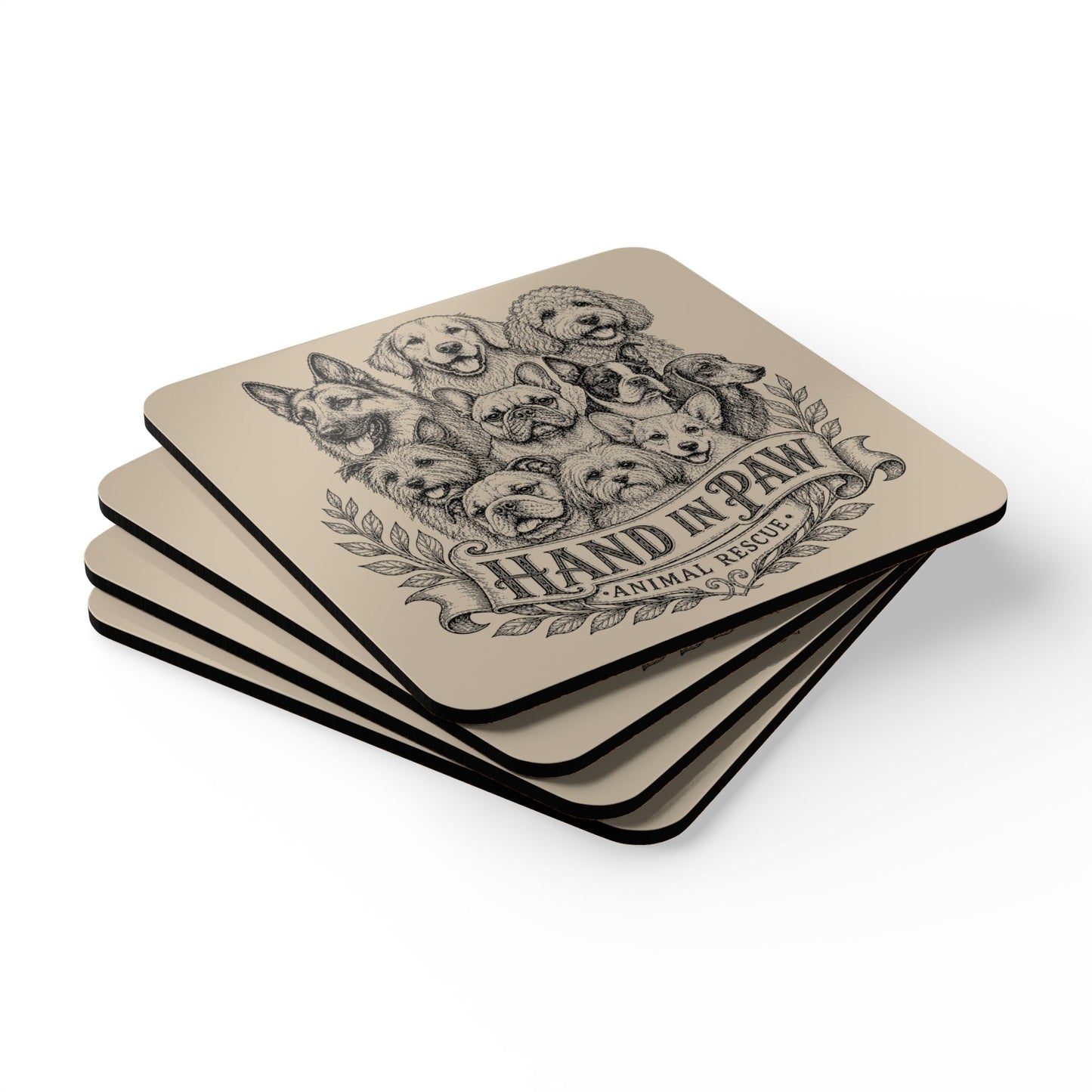 Dog Breed Sketch Cork Coaster Set — Traced Puppy Pattern Drink Coasters (4-Pack)