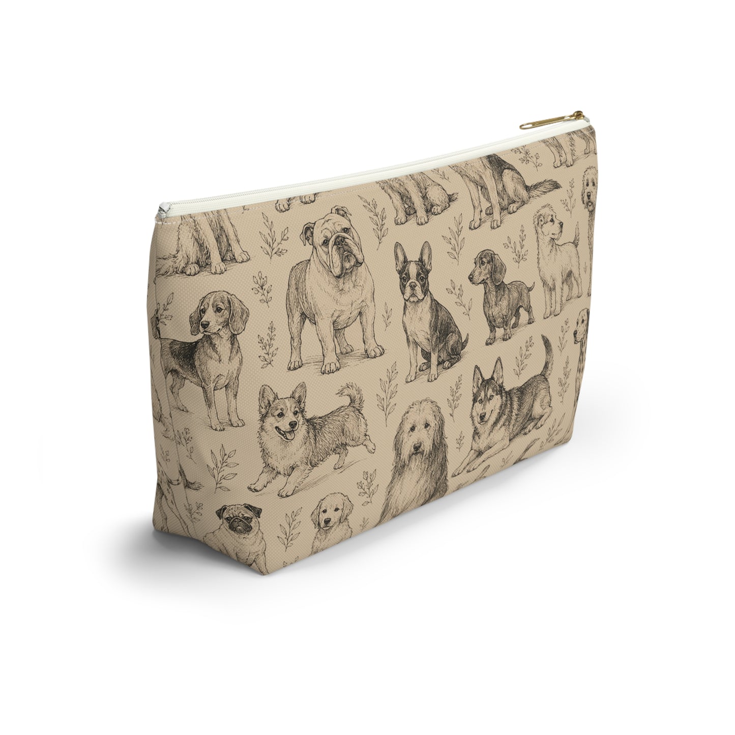 Dog Sketch Accessory Pouch — Zippered T‑Bottom Makeup & Travel Organizer
