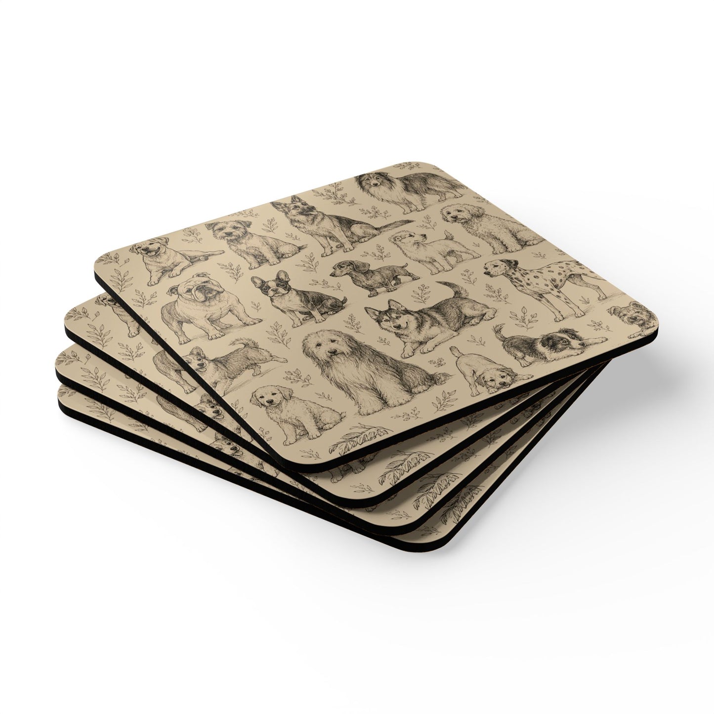 Dog Breed Sketch Cork Coaster Set — Traced Puppy Pattern Drink Coasters (4-Pack)