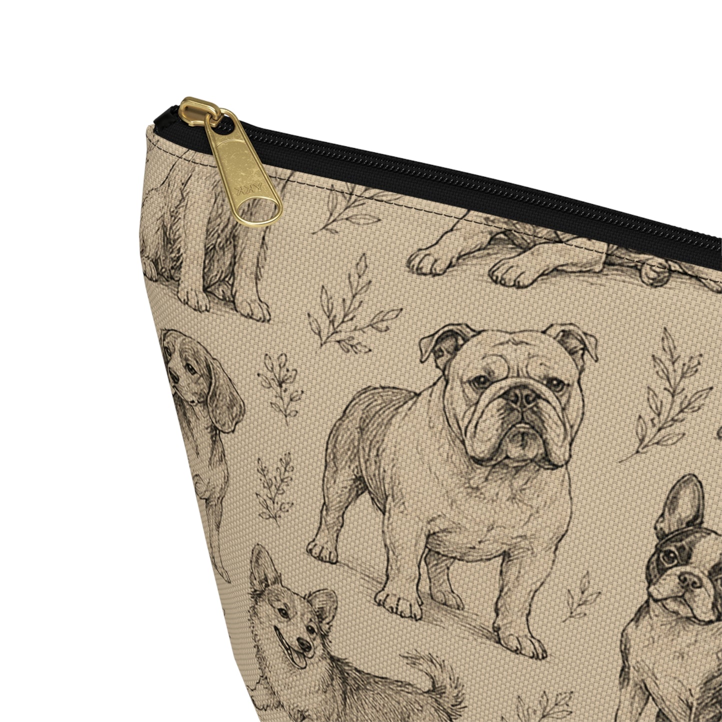 Dog Sketch Accessory Pouch — Zippered T‑Bottom Makeup & Travel Organizer