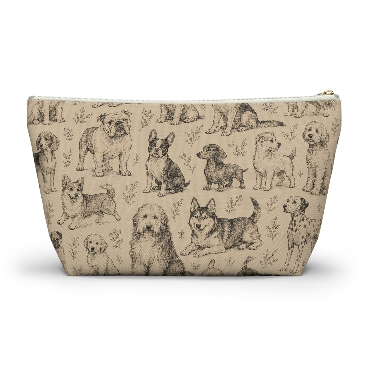 Dog Sketch Accessory Pouch — Zippered T‑Bottom Makeup & Travel Organizer